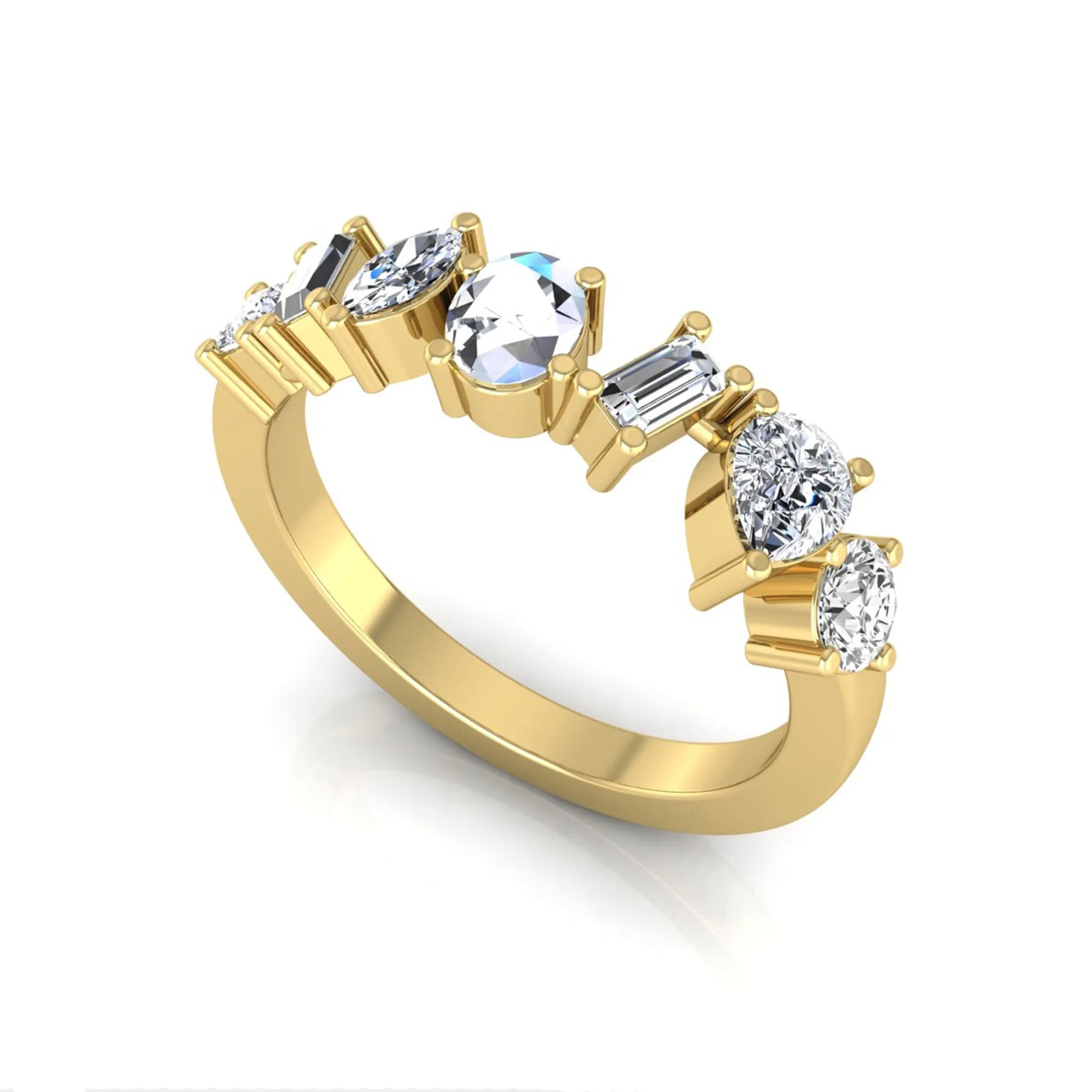 Mixed shape lab grown diamond cluster ring featuring marquise, princess, pear, oval, baguette and round cut diamonds in a prong setting in yellow gold