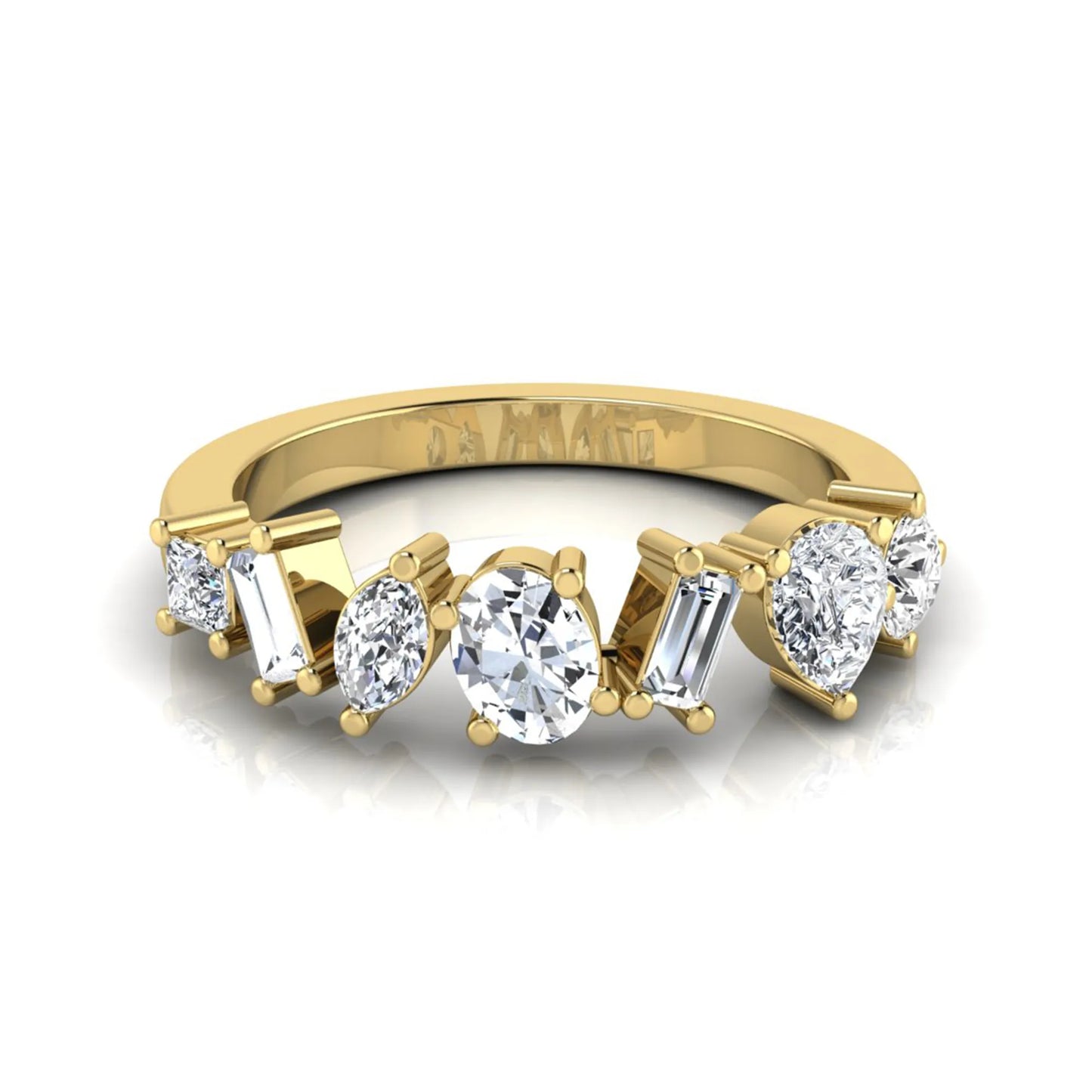 Mixed shape lab grown diamond cluster ring featuring marquise, princess, pear, oval, baguette and round cut diamonds in a prong setting in yellow gold