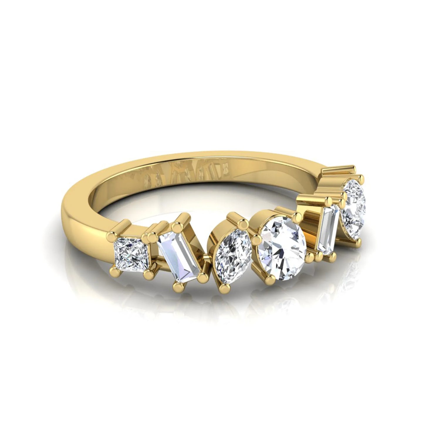 Mixed shape lab grown diamond cluster ring featuring marquise, princess, pear, oval, baguette and round cut diamonds in a prong setting in yellow gold