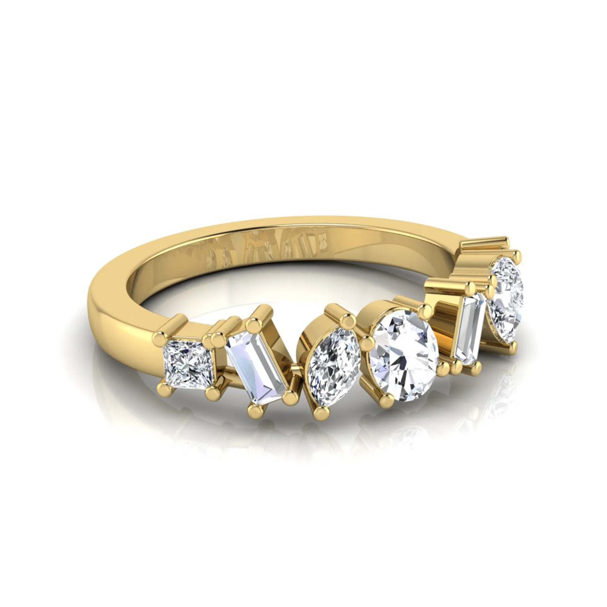 Mixed shape lab grown diamond cluster ring featuring marquise, princess, pear, oval, baguette and round cut diamonds in a prong setting in yellow gold