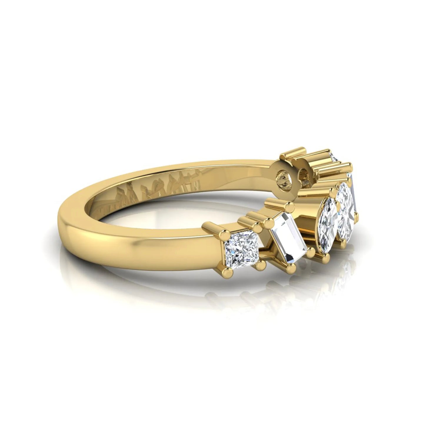 Mixed shape lab grown diamond cluster ring featuring marquise, princess, pear, oval, baguette and round cut diamonds in a prong setting in yellow gold