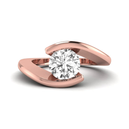 Round cut lab grown diamond solitaire engagement ring with a modern bypass setting in a rose gold tone contemporary design.