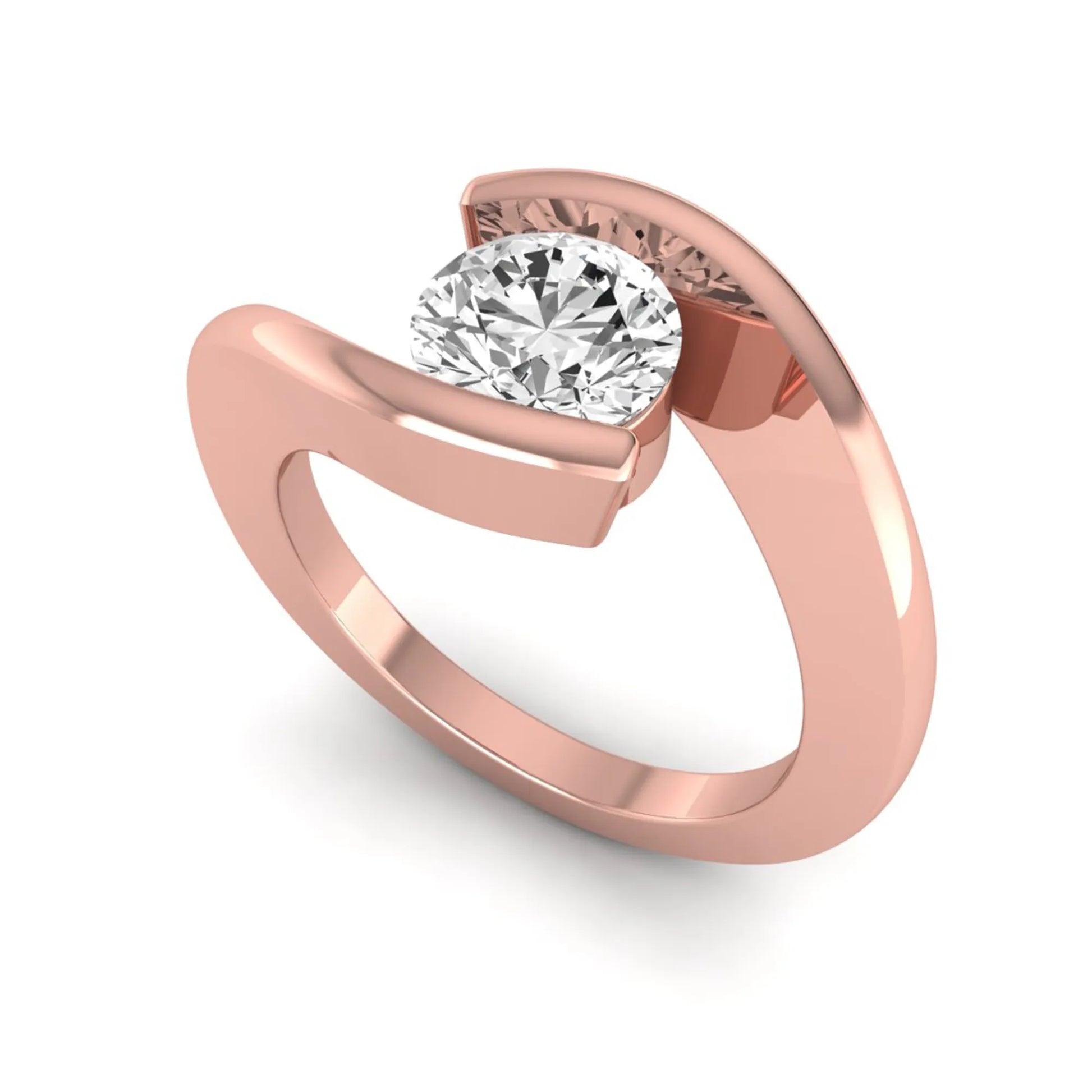 Round cut lab grown diamond solitaire engagement ring with a modern bypass setting in a rose gold tone contemporary design.