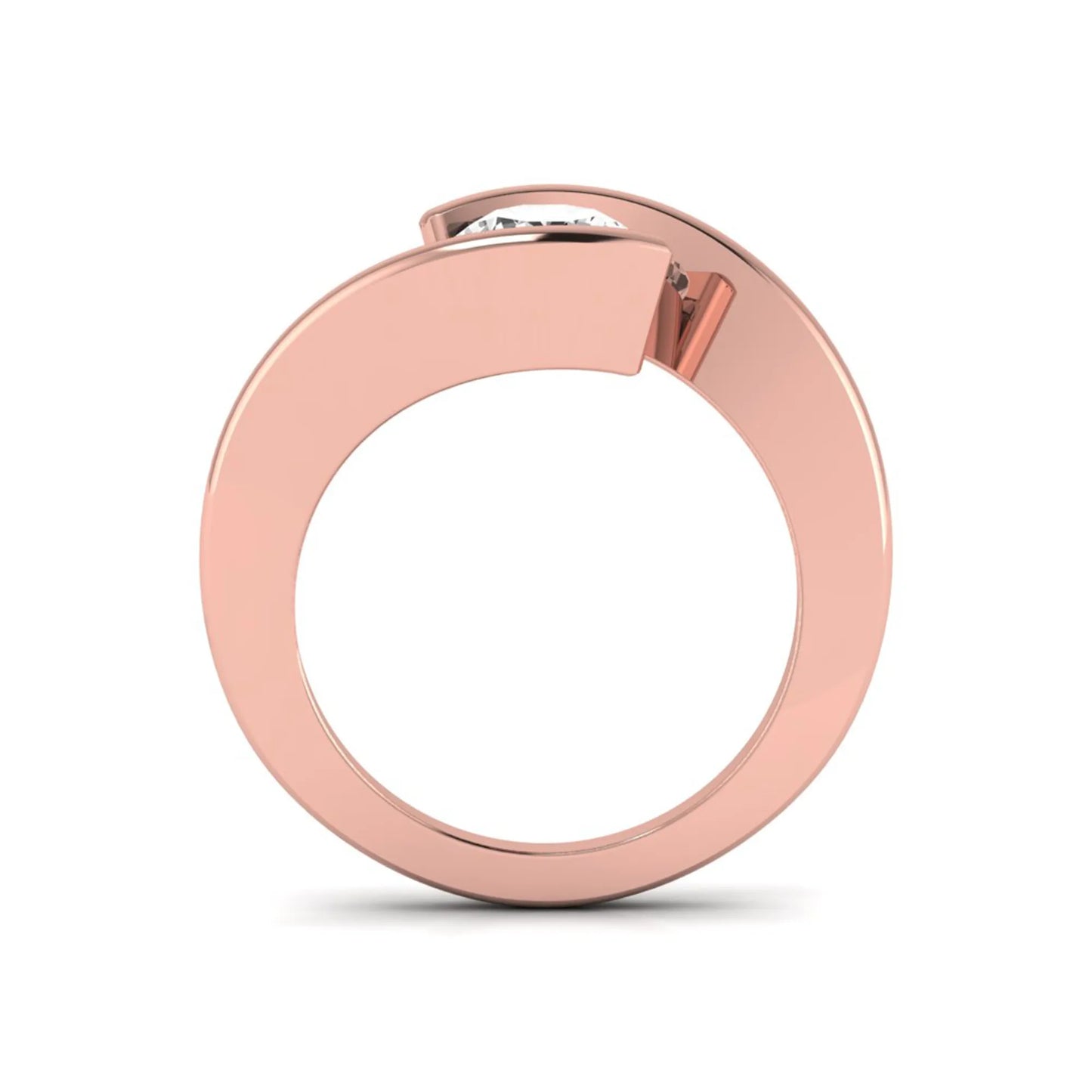Round cut lab grown diamond solitaire engagement ring with a modern bypass setting in a rose gold tone contemporary design.