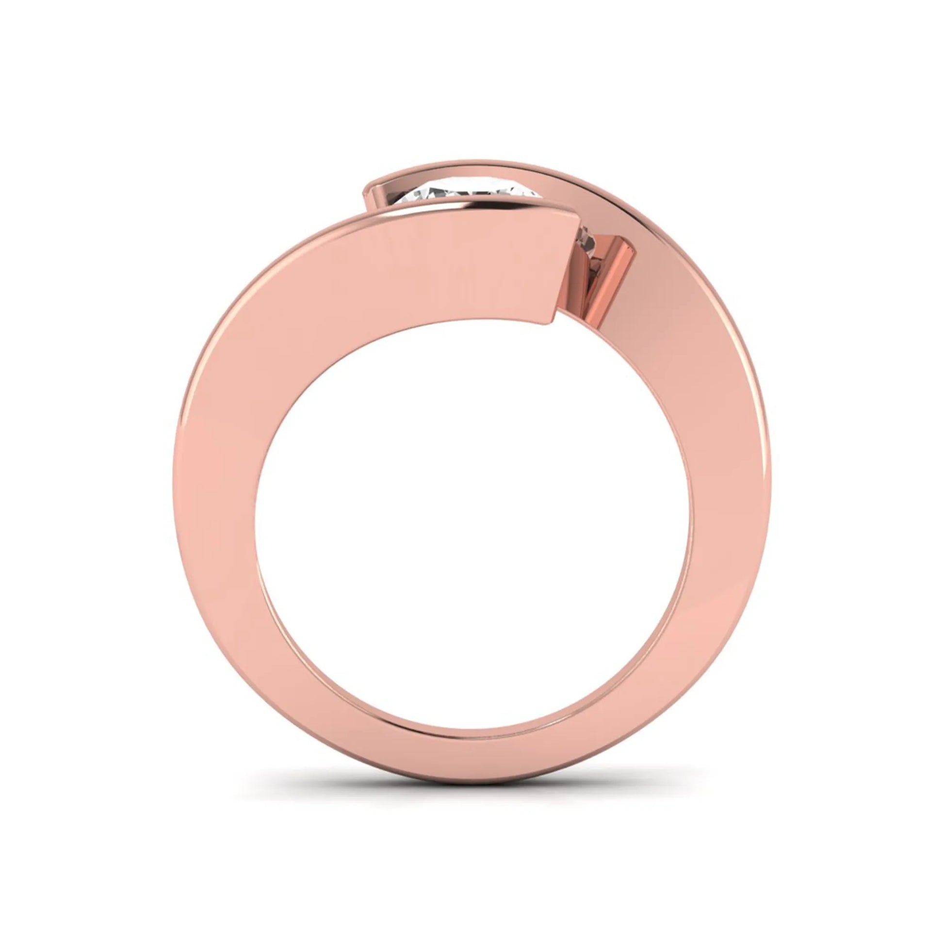 Round cut lab grown diamond solitaire engagement ring with a modern bypass setting in a rose gold tone contemporary design.