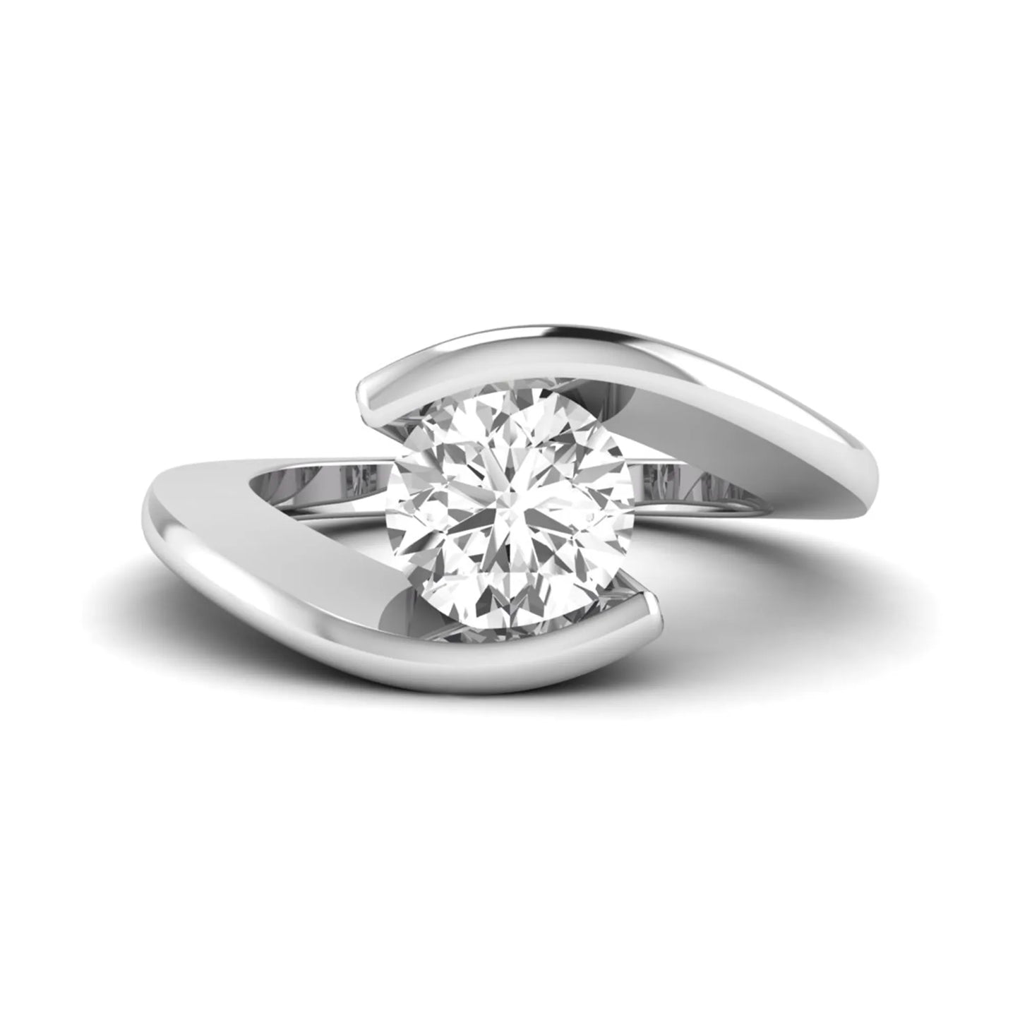 Round cut lab grown diamond solitaire engagement ring with a modern bypass setting in a white gold tone contemporary design.