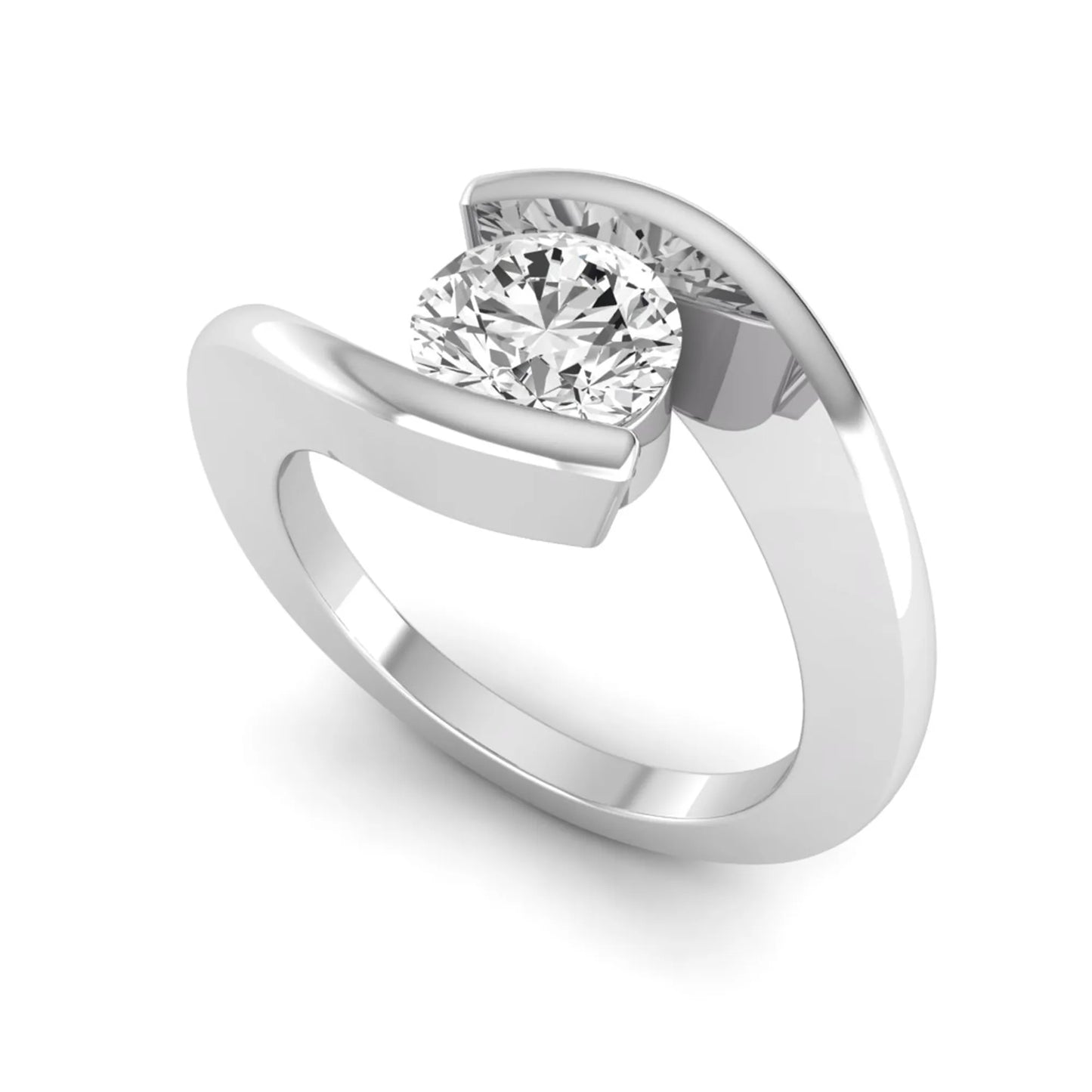 Round cut lab grown diamond solitaire engagement ring with a modern bypass setting in a white gold tone contemporary design.