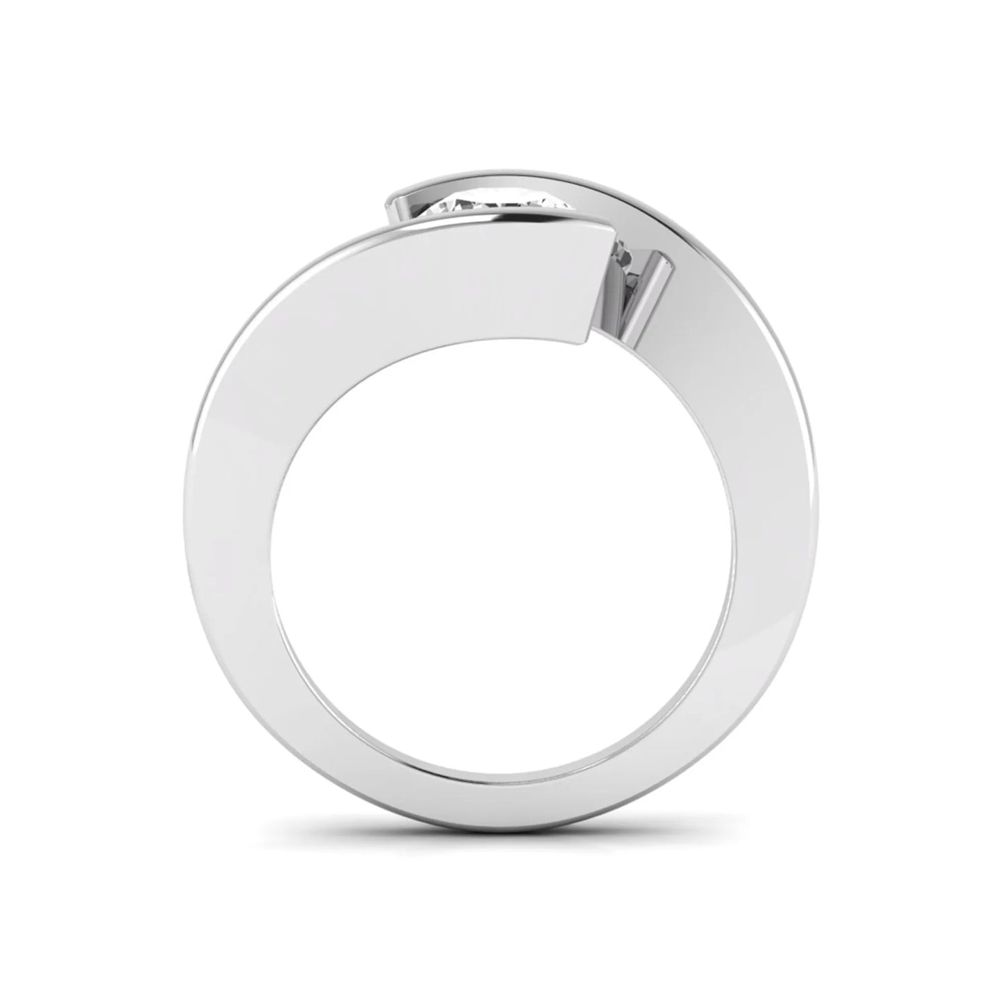 Round cut lab grown diamond solitaire engagement ring with a modern bypass setting in a white gold tone contemporary design.