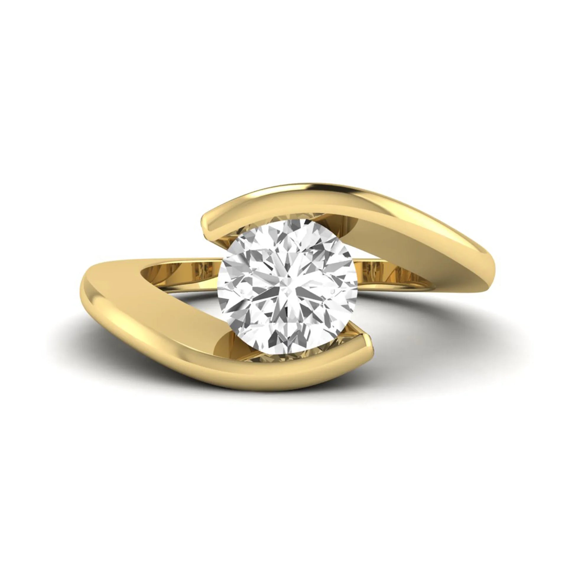 Round cut lab grown diamond solitaire engagement ring with a modern bypass setting in a yellow gold tone contemporary design.