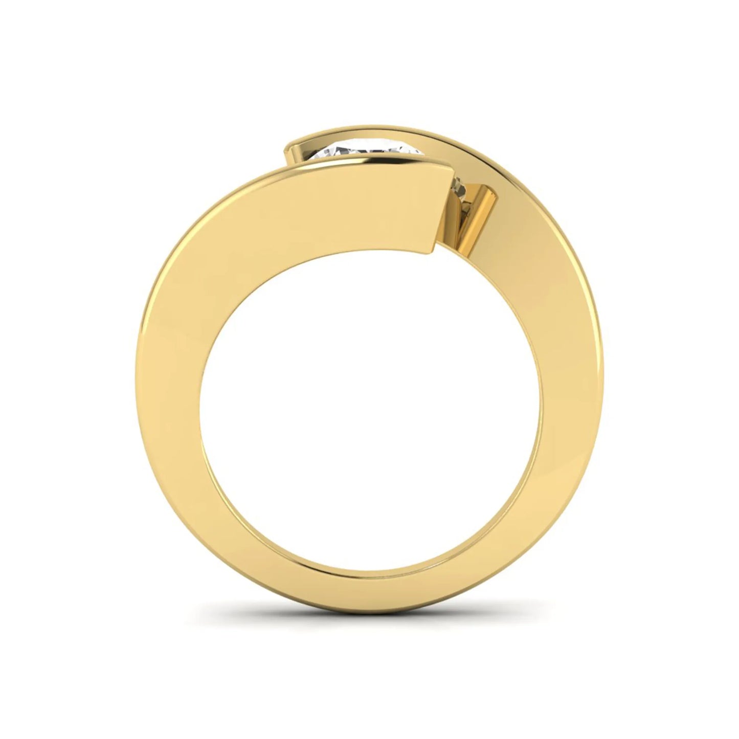 Round cut lab grown diamond solitaire engagement ring with a modern bypass setting in a yellow gold tone contemporary design.