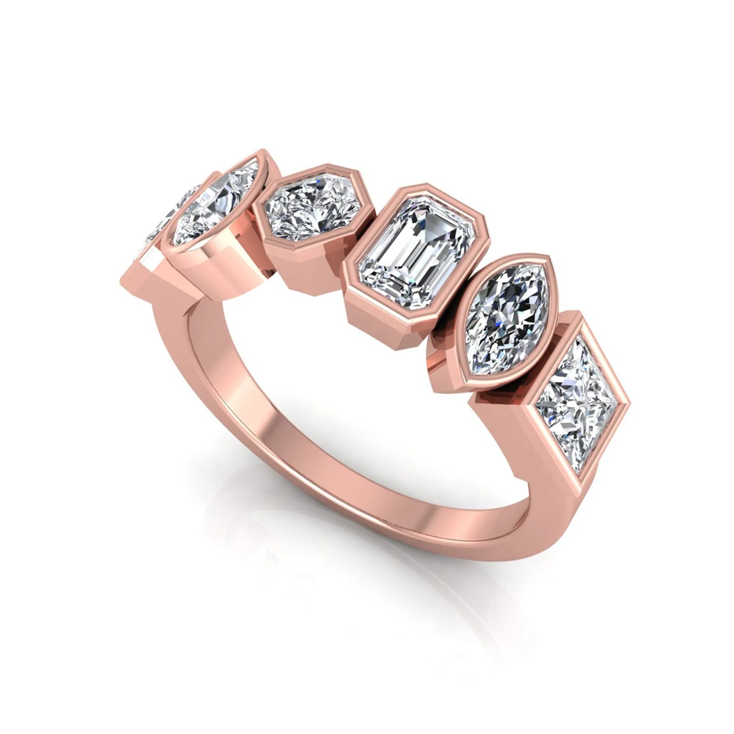 Multi shape lab grown diamond band ring featuring princess, emerald, marquise, pear, radiant, and asscher cut diamonds in bezel settings with a rose gold style.