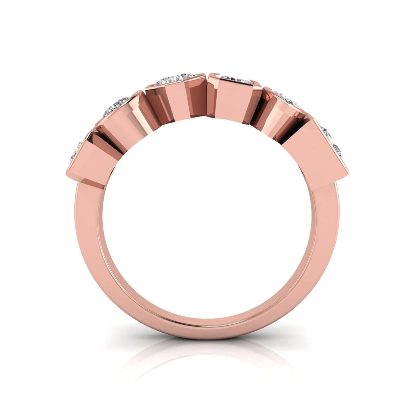 Multi shape lab grown diamond band ring featuring princess, emerald, marquise, pear, radiant, and asscher cut diamonds in bezel settings with a rose gold style.