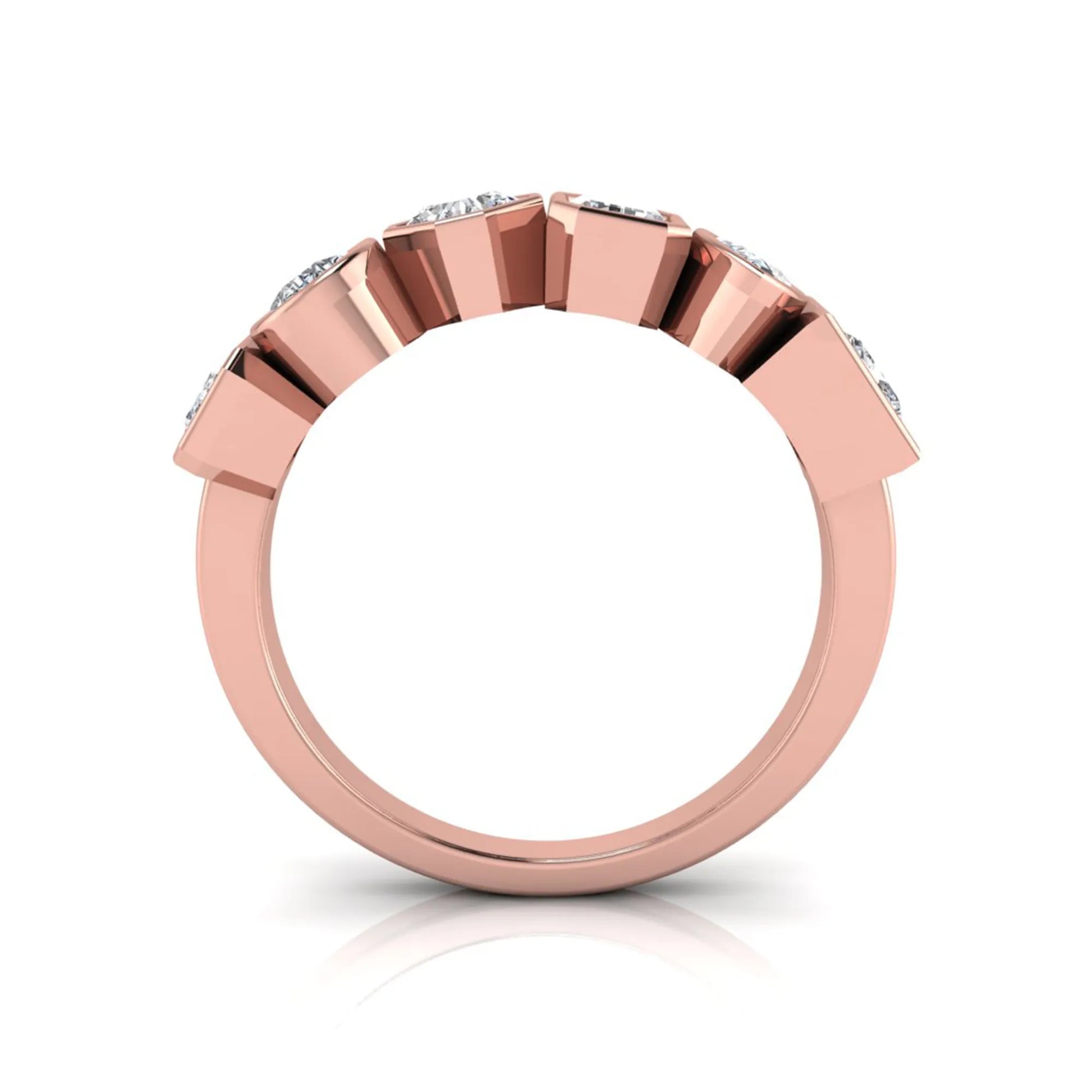 Multi shape lab grown diamond band ring featuring princess, emerald, marquise, pear, radiant, and asscher cut diamonds in bezel settings with a rose gold style.