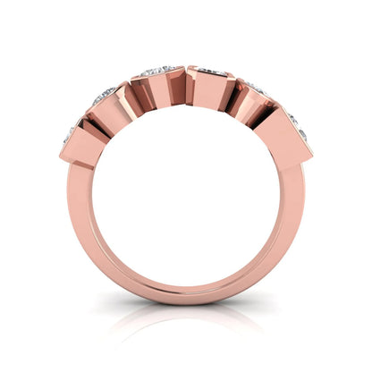 Multi shape lab grown diamond band ring featuring princess, emerald, marquise, pear, radiant, and asscher cut diamonds in bezel settings with a rose gold style.