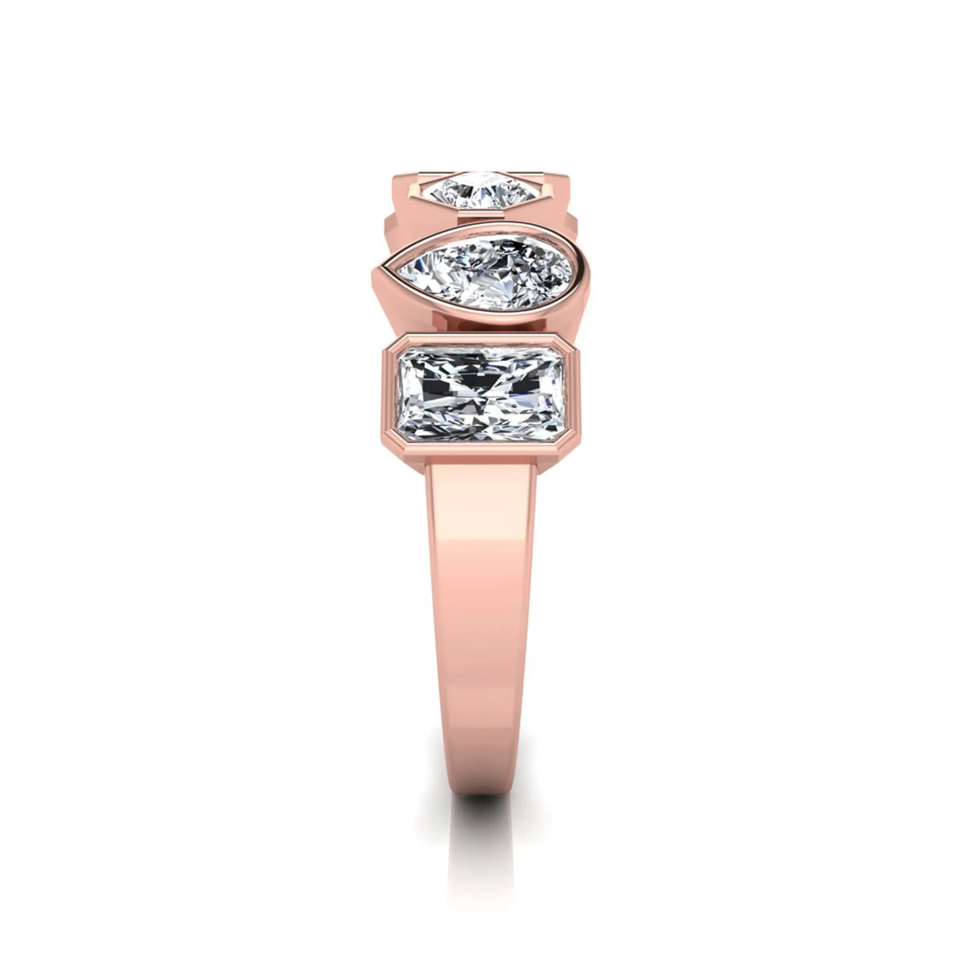 Multi shape lab grown diamond band ring featuring princess, emerald, marquise, pear, radiant, and asscher cut diamonds in bezel settings with a rose gold style.
