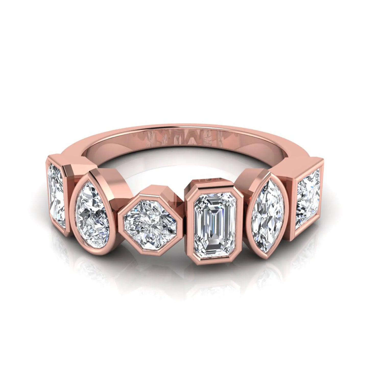 Multi shape lab grown diamond band ring featuring princess, emerald, marquise, pear, radiant, and asscher cut diamonds in bezel settings with a rose gold style.