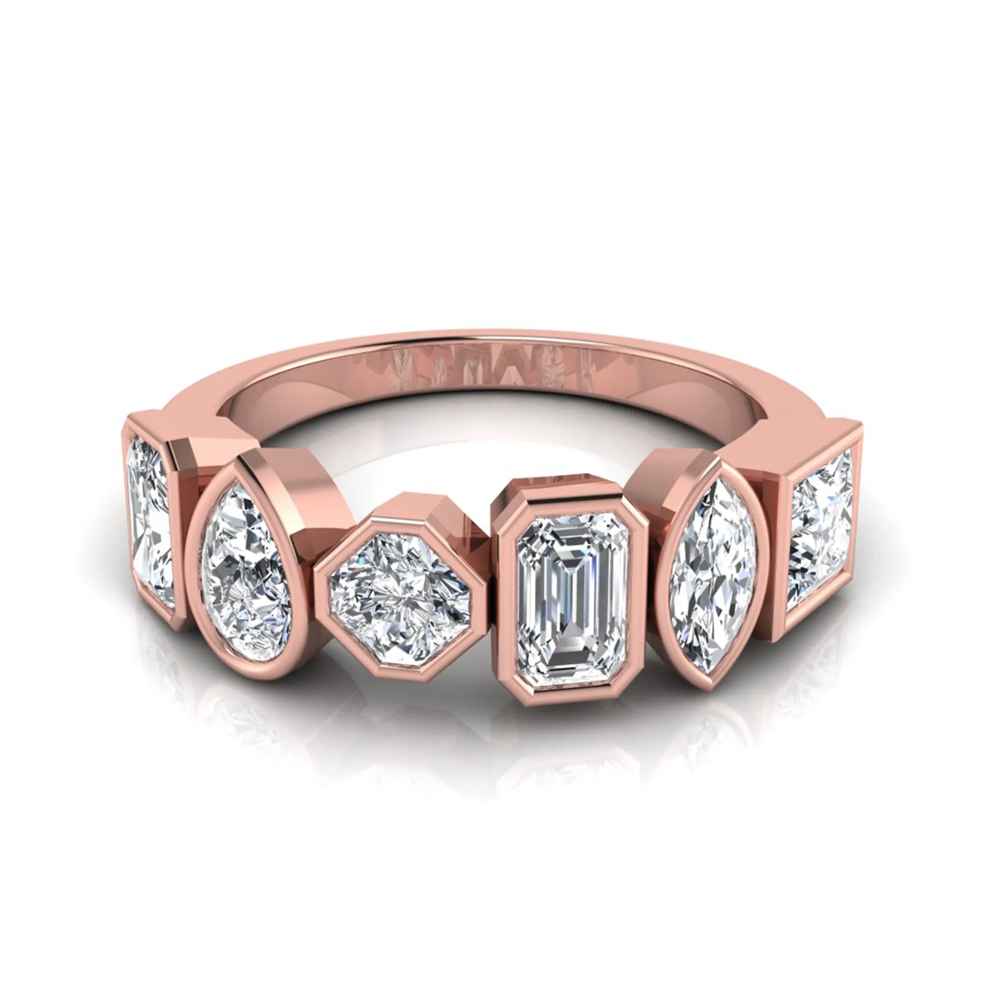 Multi shape lab grown diamond band ring featuring princess, emerald, marquise, pear, radiant, and asscher cut diamonds in bezel settings with a rose gold style.