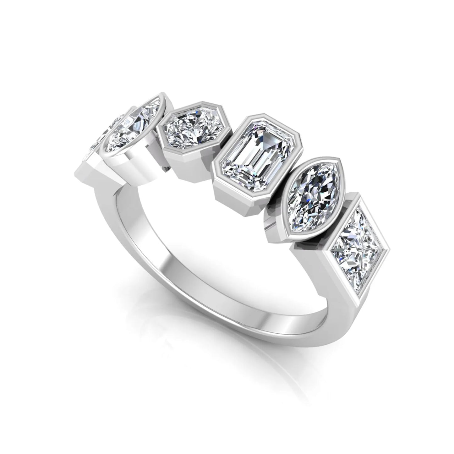 Multi shape lab grown diamond band ring featuring princess, emerald, marquise, pear, radiant, and asscher cut diamonds in bezel settings with a white gold style.