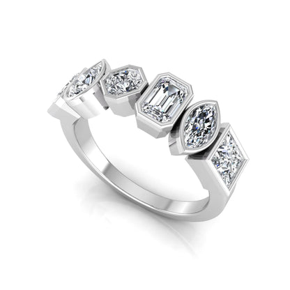 Multi shape lab grown diamond band ring featuring princess, emerald, marquise, pear, radiant, and asscher cut diamonds in bezel settings with a white gold style.