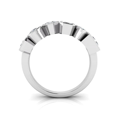 Multi shape lab grown diamond band ring featuring princess, emerald, marquise, pear, radiant, and asscher cut diamonds in bezel settings with a white gold style.