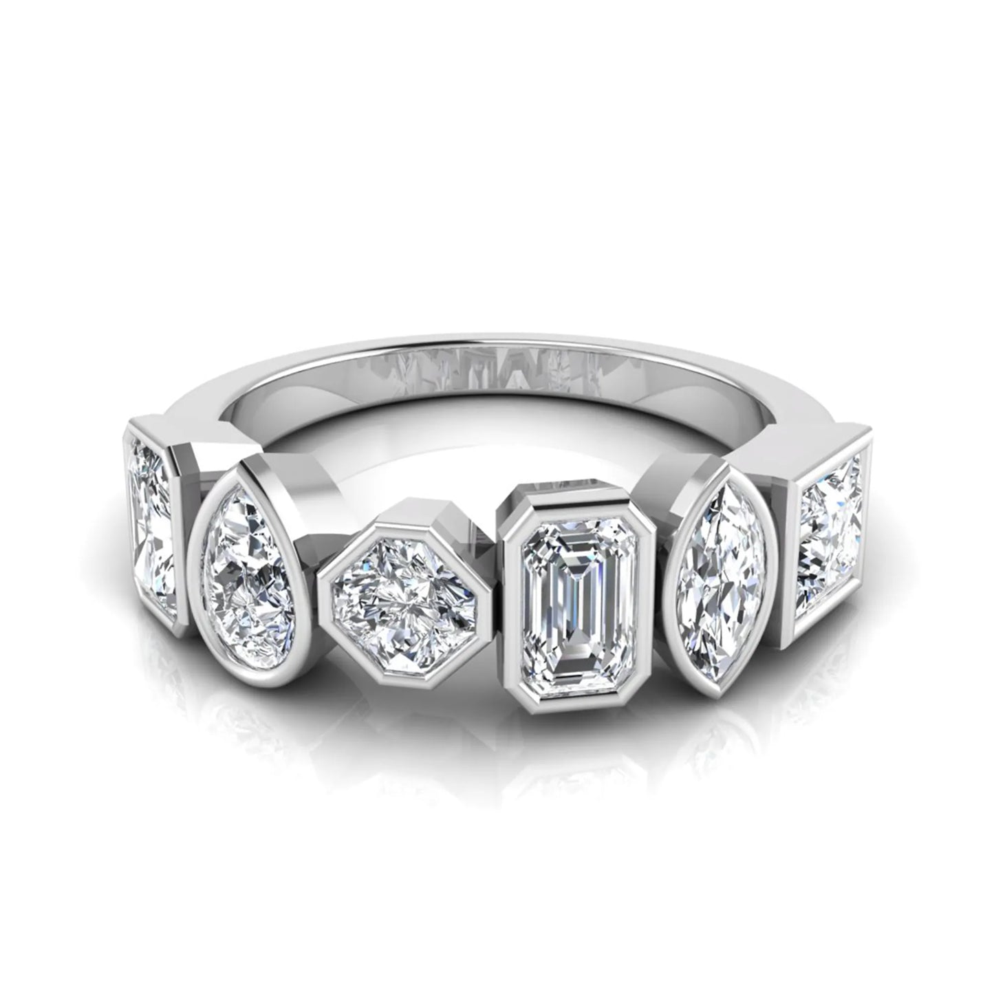 Multi shape lab grown diamond band ring featuring princess, emerald, marquise, pear, radiant, and asscher cut diamonds in bezel settings with a white gold style.