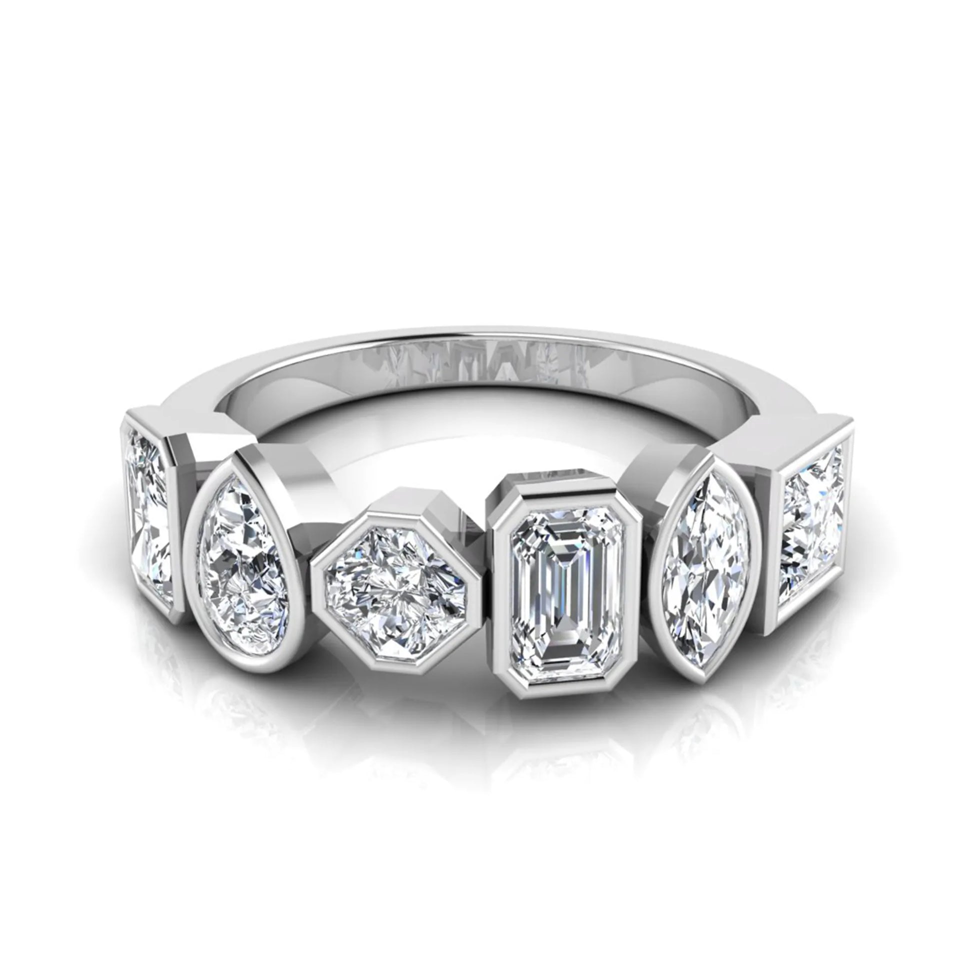 Multi shape lab grown diamond band ring featuring princess, emerald, marquise, pear, radiant, and asscher cut diamonds in bezel settings with a white gold style.