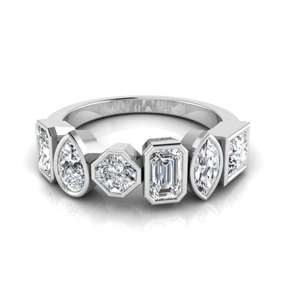 Multi shape lab grown diamond band ring featuring princess, emerald, marquise, pear, radiant, and asscher cut diamonds in bezel settings with a white gold style.