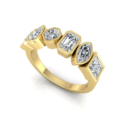 Multi shape lab grown diamond band ring featuring princess, emerald, marquise, pear, radiant, and asscher cut diamonds in bezel settings with a yellow gold style.