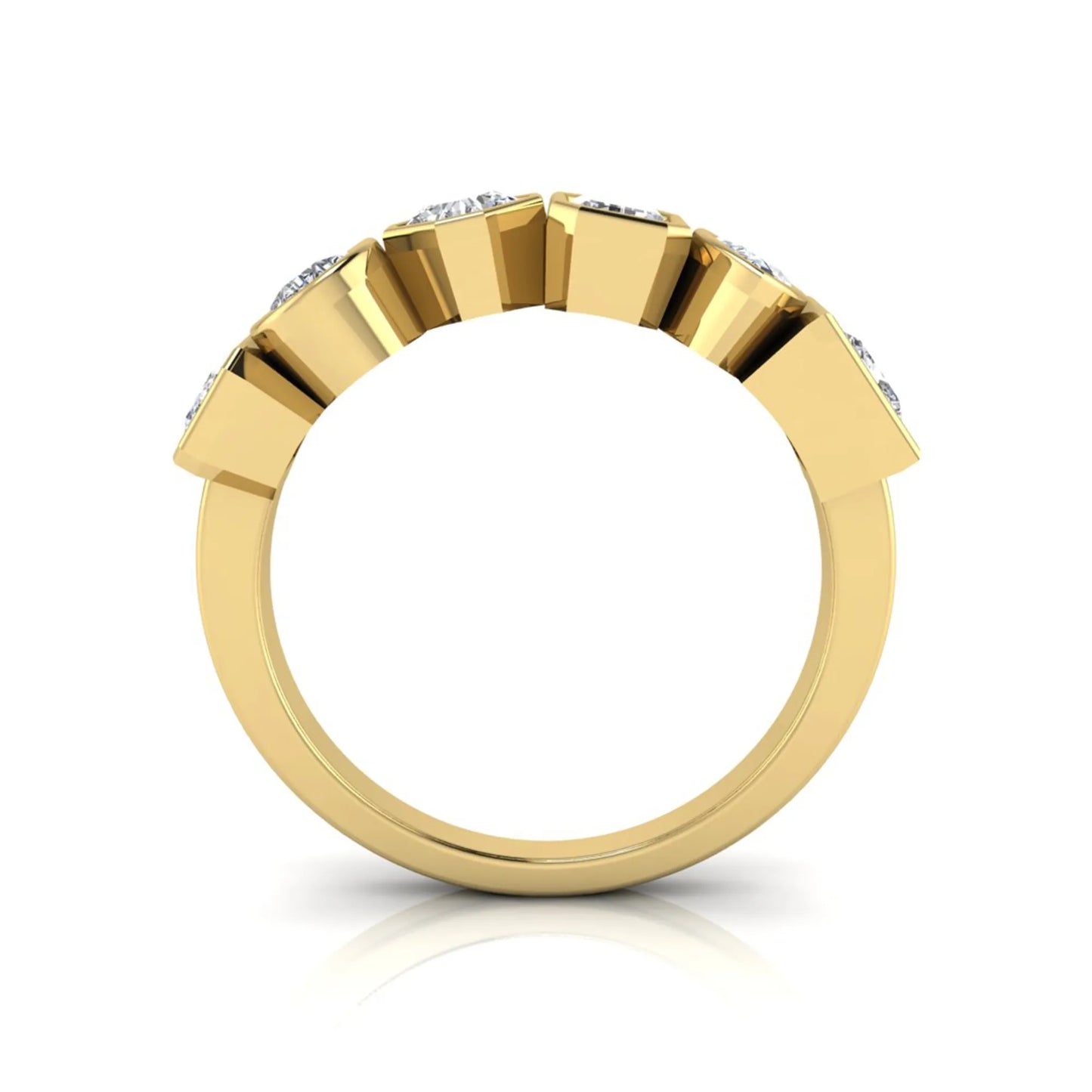 Multi shape lab grown diamond band ring featuring princess, emerald, marquise, pear, radiant, and asscher cut diamonds in bezel settings with a yellow gold style.