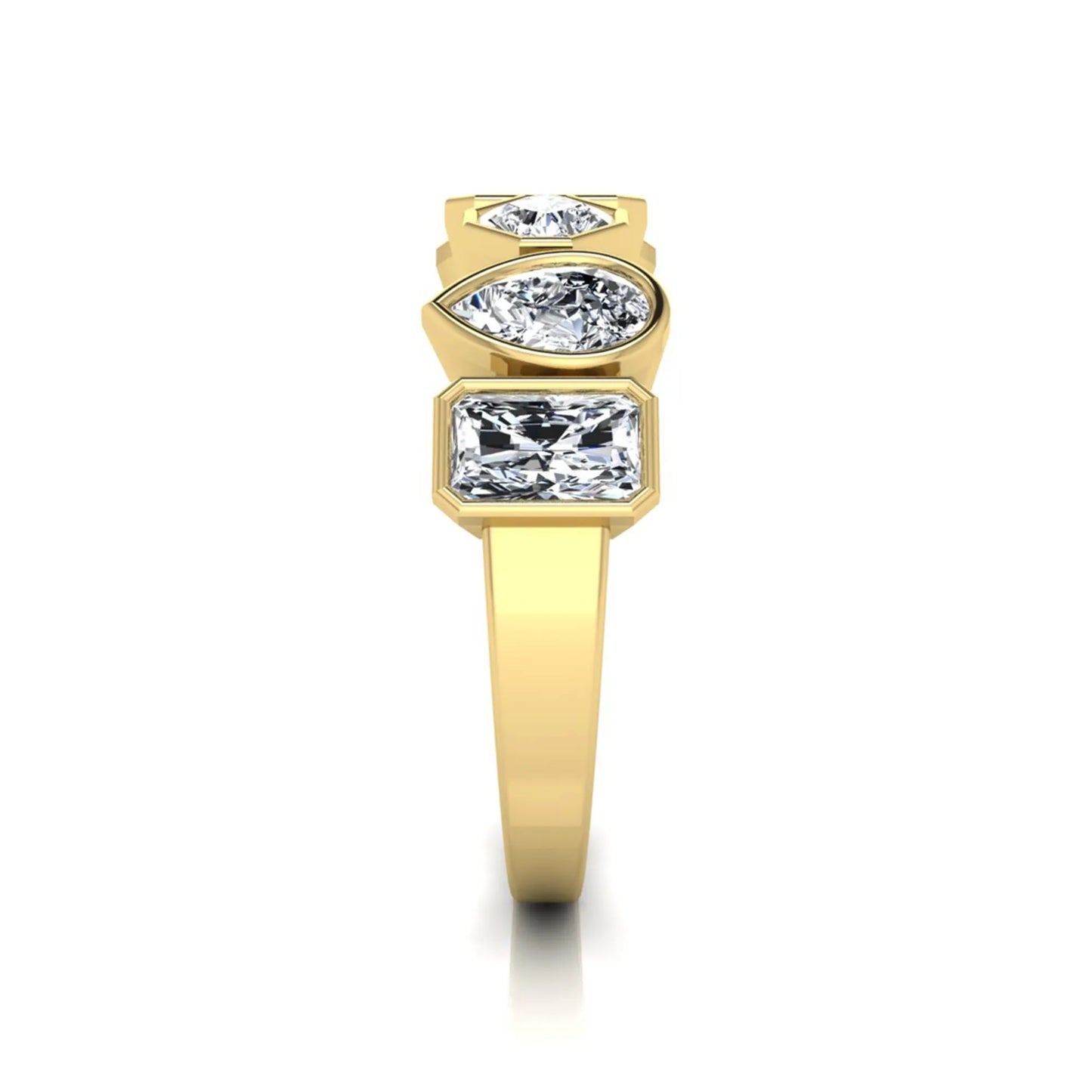 Multi shape lab grown diamond band ring featuring princess, emerald, marquise, pear, radiant, and asscher cut diamonds in bezel settings with a yellow gold style.
