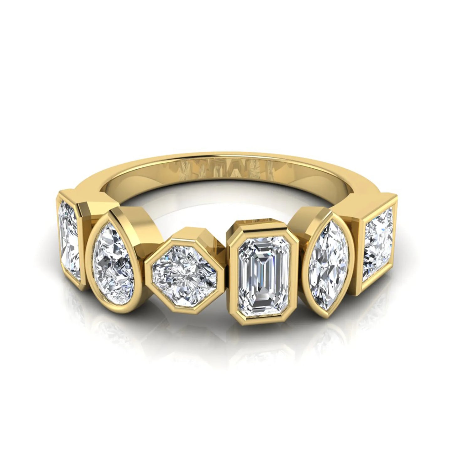 Multi shape lab grown diamond band ring featuring princess, emerald, marquise, pear, radiant, and asscher cut diamonds in bezel settings with a yellow gold style.