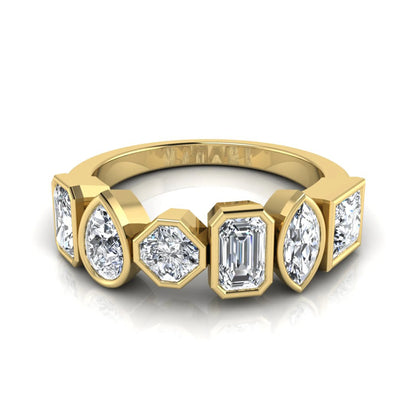 Multi shape lab grown diamond band ring featuring princess, emerald, marquise, pear, radiant, and asscher cut diamonds in bezel settings with a yellow gold style.