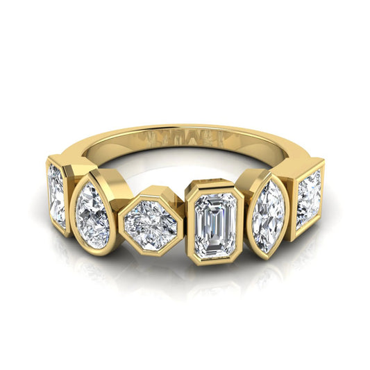 Multi shape lab grown diamond band ring featuring princess, emerald, marquise, pear, radiant, and asscher cut diamonds in bezel settings with a yellow gold style.