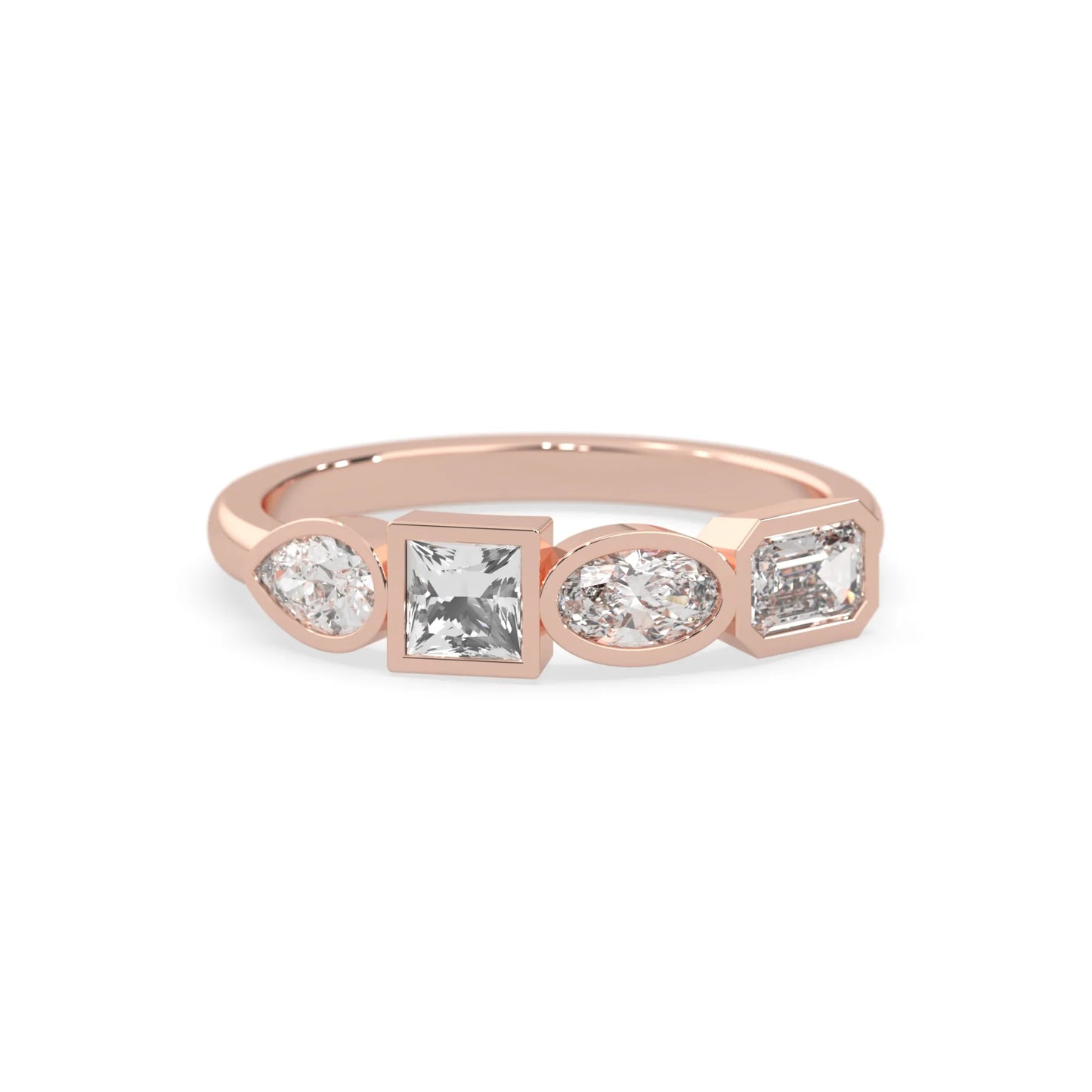 Multi shape lab grown diamond half eternity wedding band with emerald, pear, oval and princess cut diamonds in bezel settings in rose gold