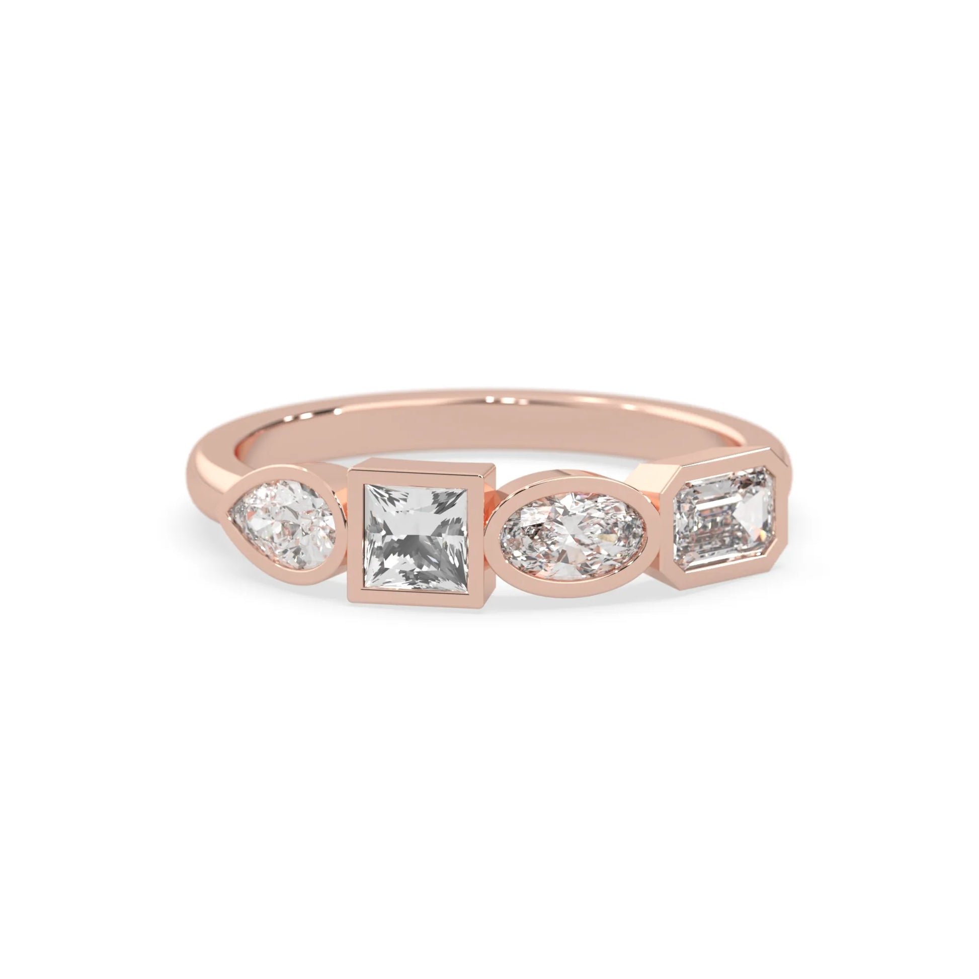 Multi shape lab grown diamond half eternity wedding band with emerald, pear, oval and princess cut diamonds in bezel settings in rose gold