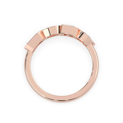Multi shape lab grown diamond half eternity wedding band with emerald, pear, oval and princess cut diamonds in bezel settings in rose gold