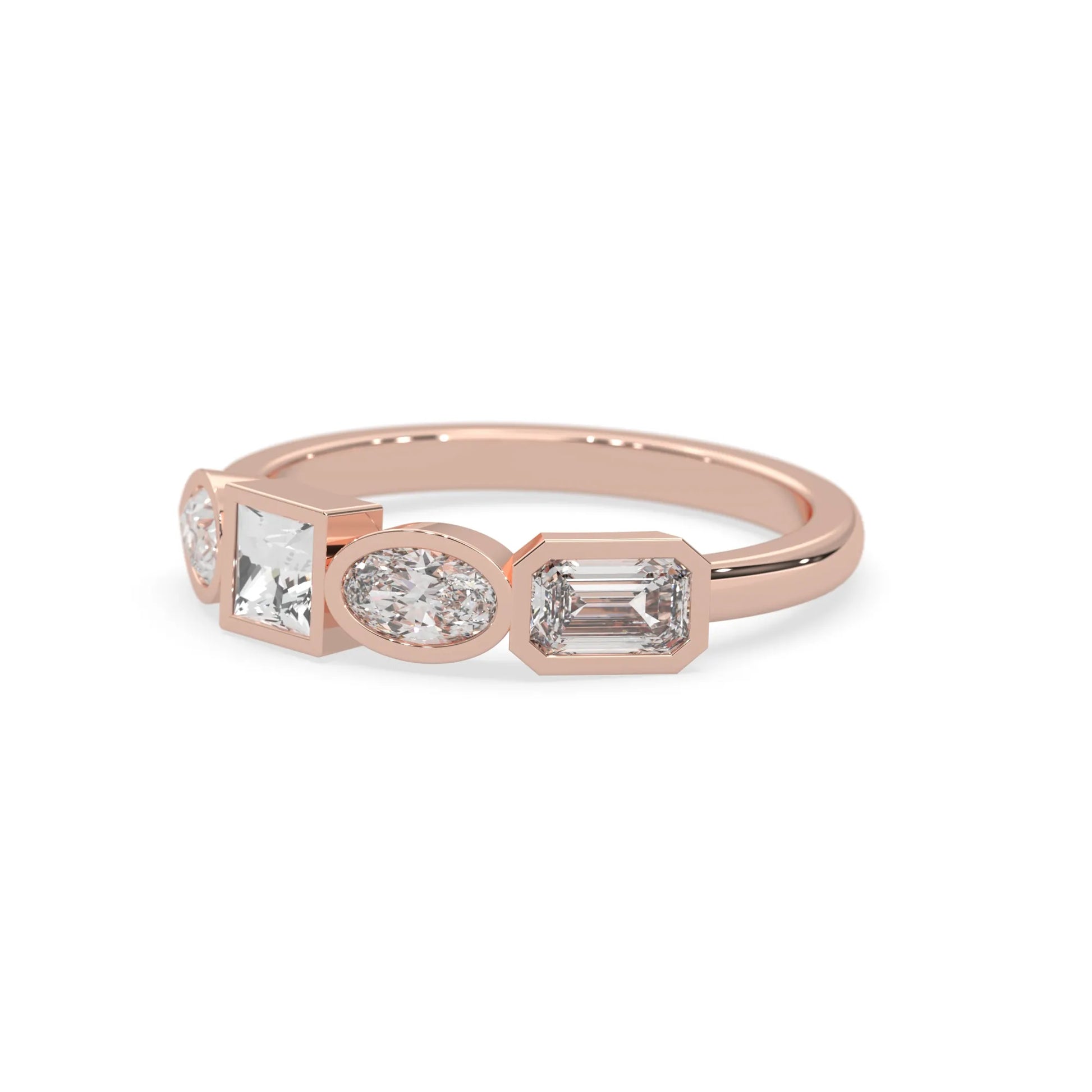 Multi shape lab grown diamond half eternity wedding band with emerald, pear, oval and princess cut diamonds in bezel settings in rose gold