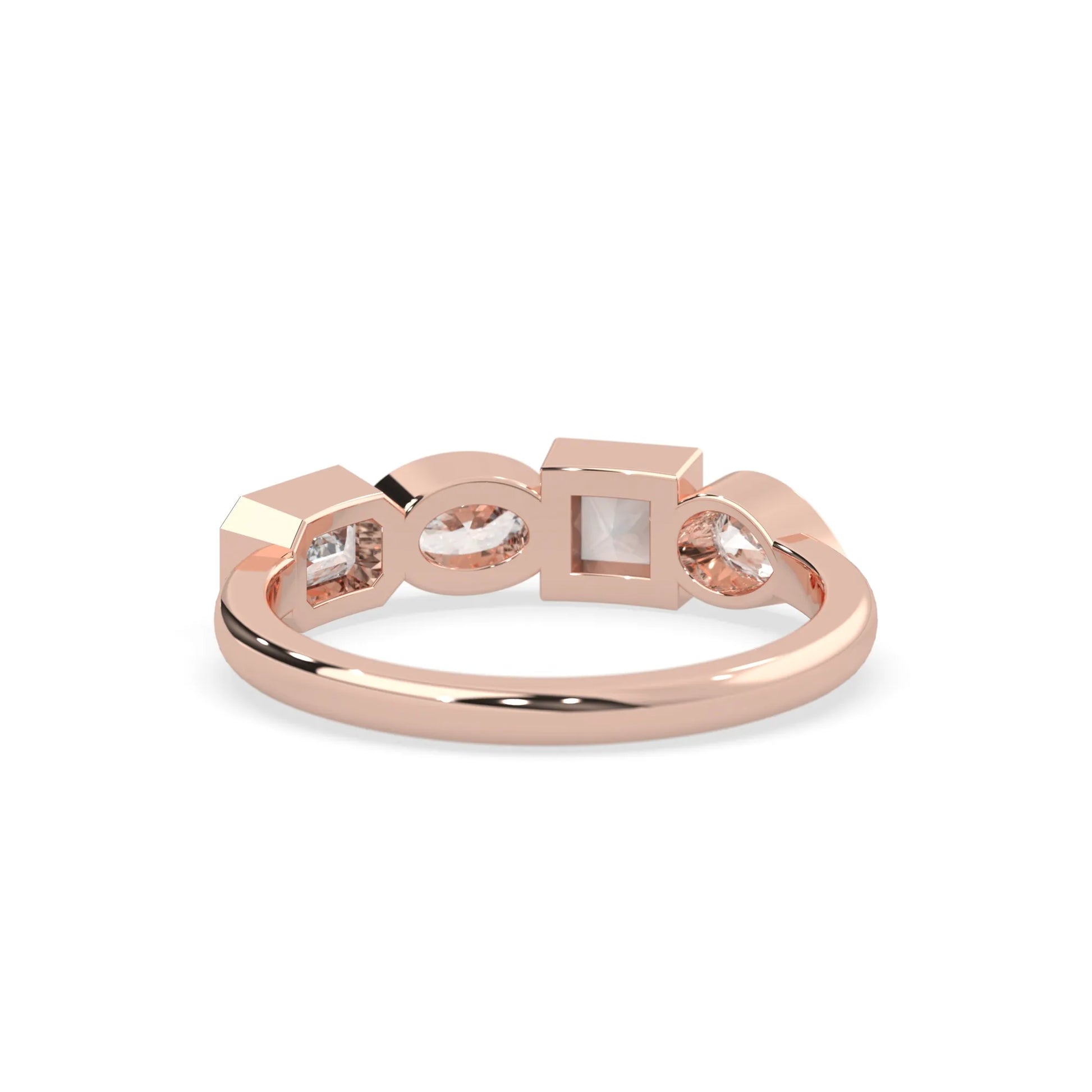 Multi shape lab grown diamond half eternity wedding band with emerald, pear, oval and princess cut diamonds in bezel settings in rose gold