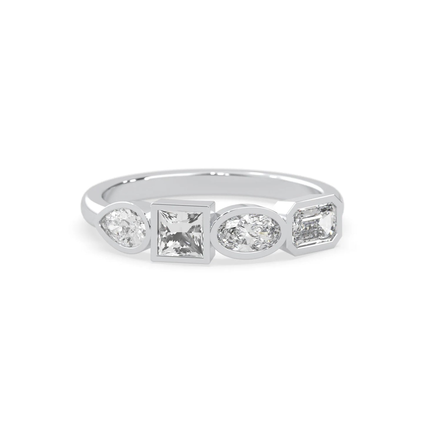 Multi shape lab grown diamond half eternity wedding band with emerald, pear, oval and princess cut diamonds in bezel settings in white gold