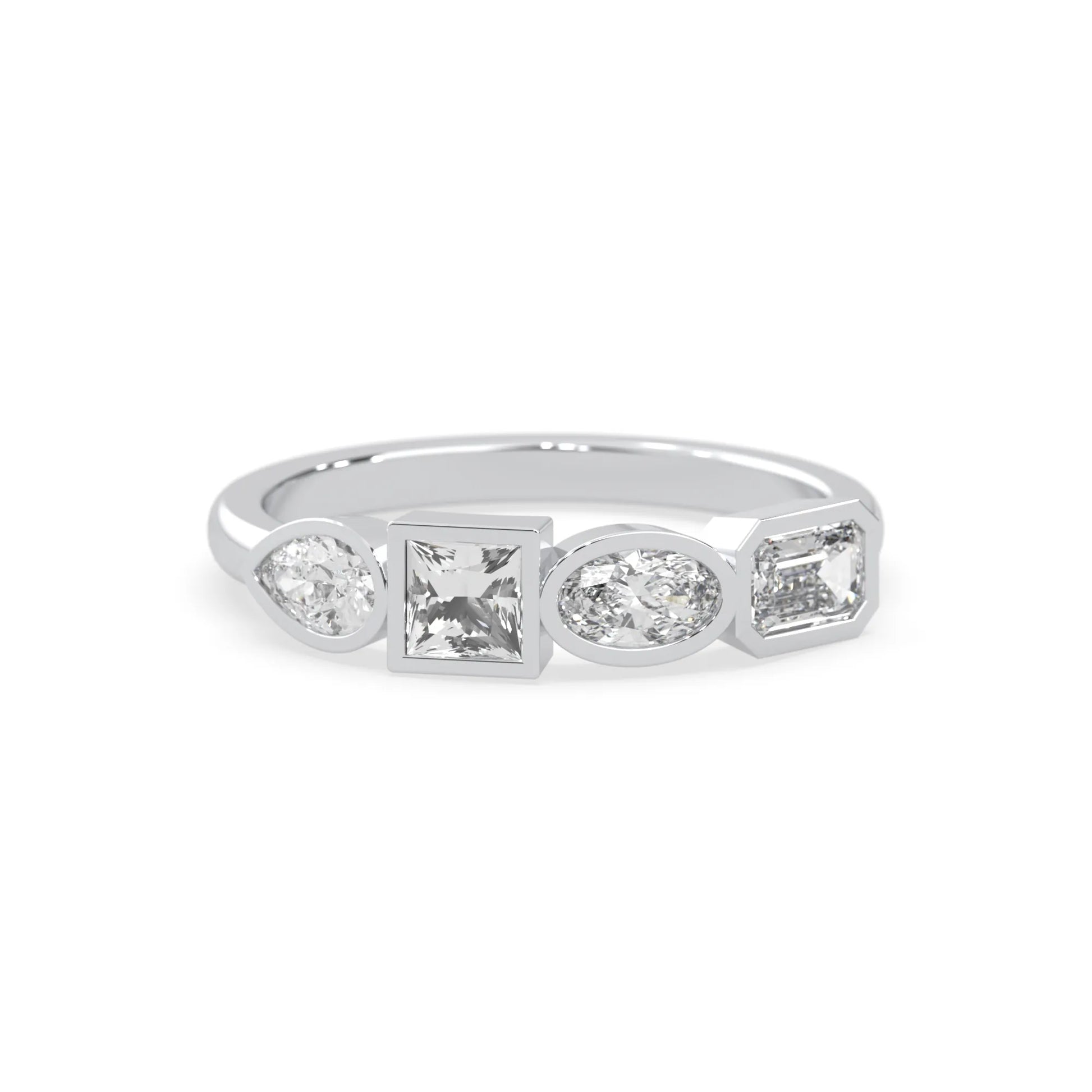 Multi shape lab grown diamond half eternity wedding band with emerald, pear, oval and princess cut diamonds in bezel settings in white gold