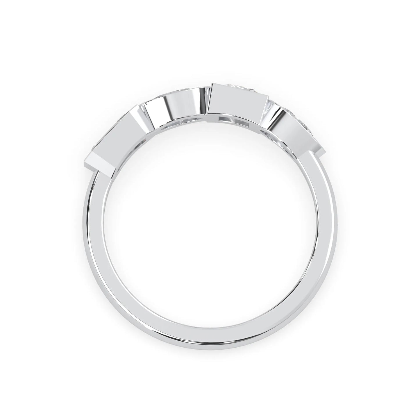 Multi shape lab grown diamond half eternity wedding band with emerald, pear, oval and princess cut diamonds in bezel settings in white gold