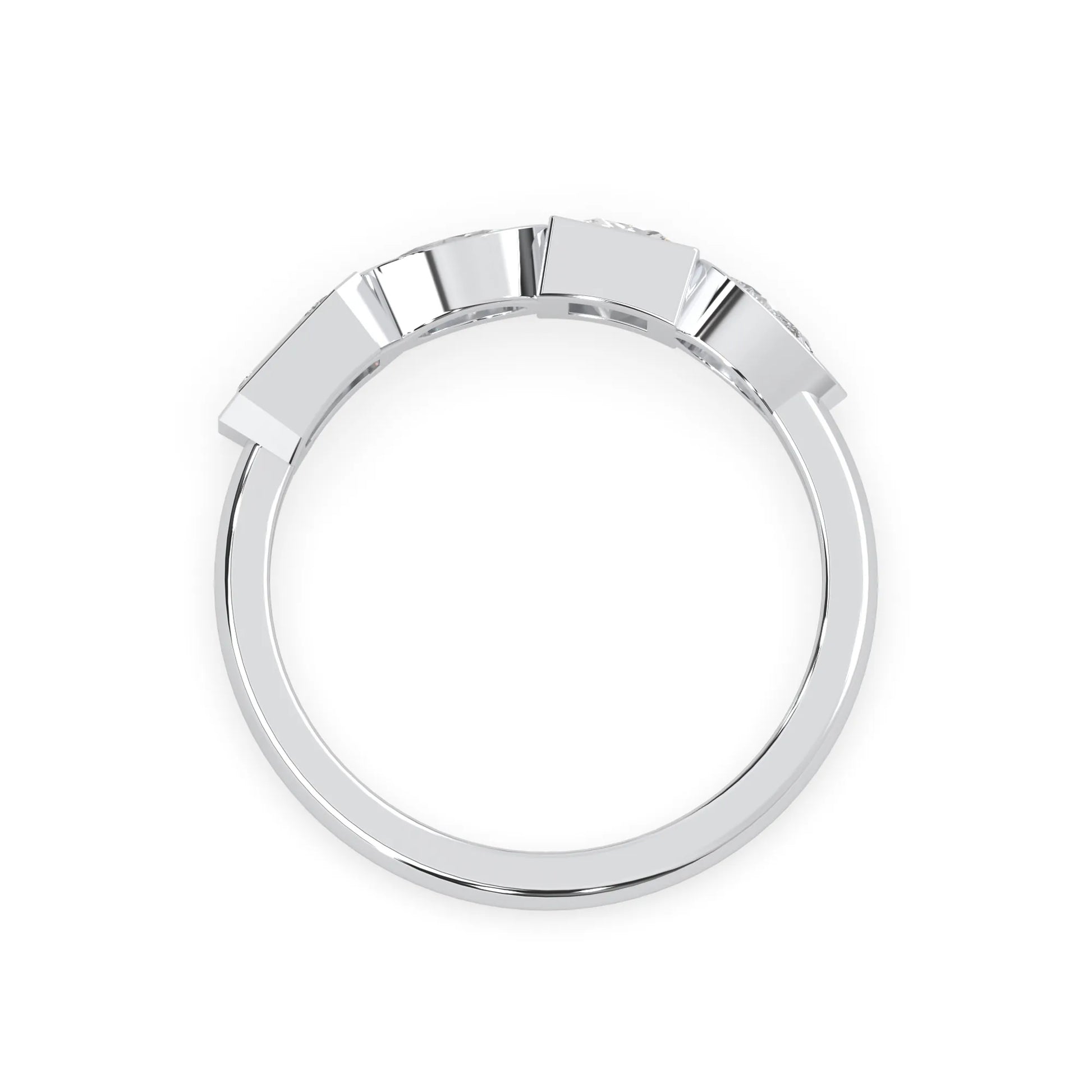 Multi shape lab grown diamond half eternity wedding band with emerald, pear, oval and princess cut diamonds in bezel settings in white gold
