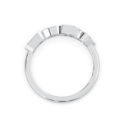 Multi shape lab grown diamond half eternity wedding band with emerald, pear, oval and princess cut diamonds in bezel settings in white gold