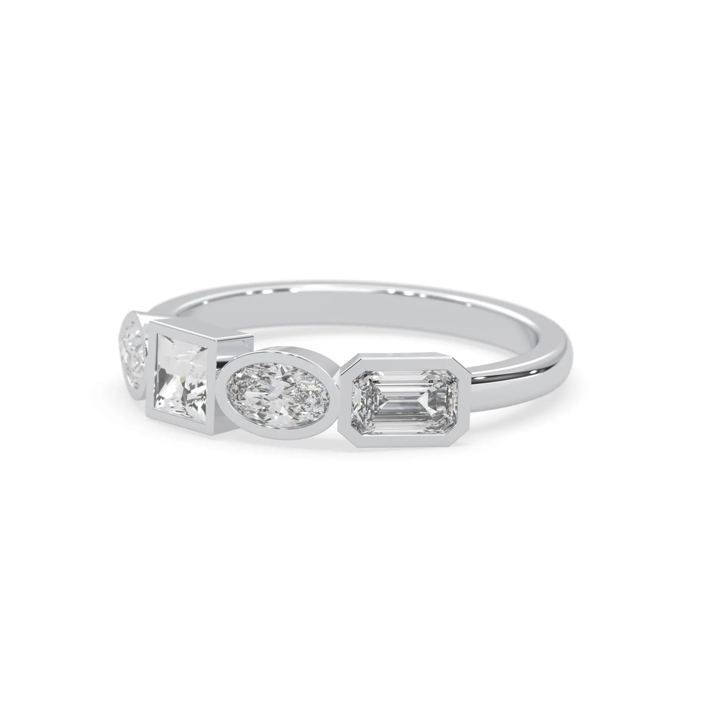Multi shape lab grown diamond half eternity wedding band with emerald, pear, oval and princess cut diamonds in bezel settings in white gold