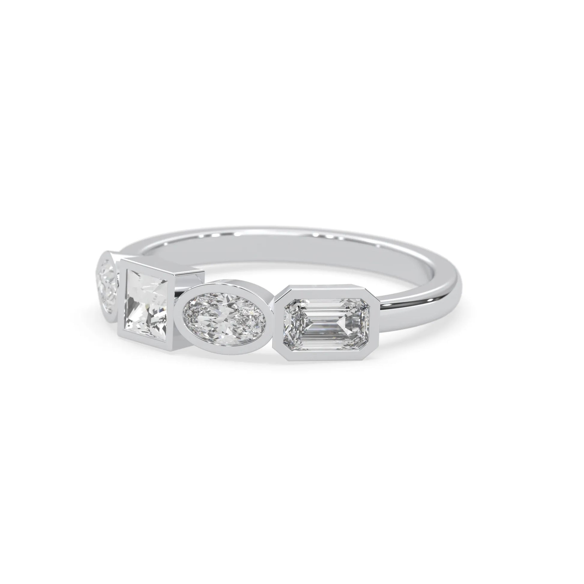 Multi shape lab grown diamond half eternity wedding band with emerald, pear, oval and princess cut diamonds in bezel settings in white gold