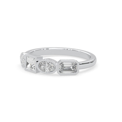 Multi shape lab grown diamond half eternity wedding band with emerald, pear, oval and princess cut diamonds in bezel settings in white gold