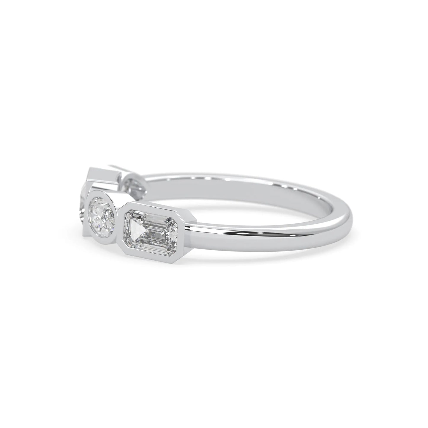 Multi shape lab grown diamond half eternity wedding band with emerald, pear, oval and princess cut diamonds in bezel settings in white gold