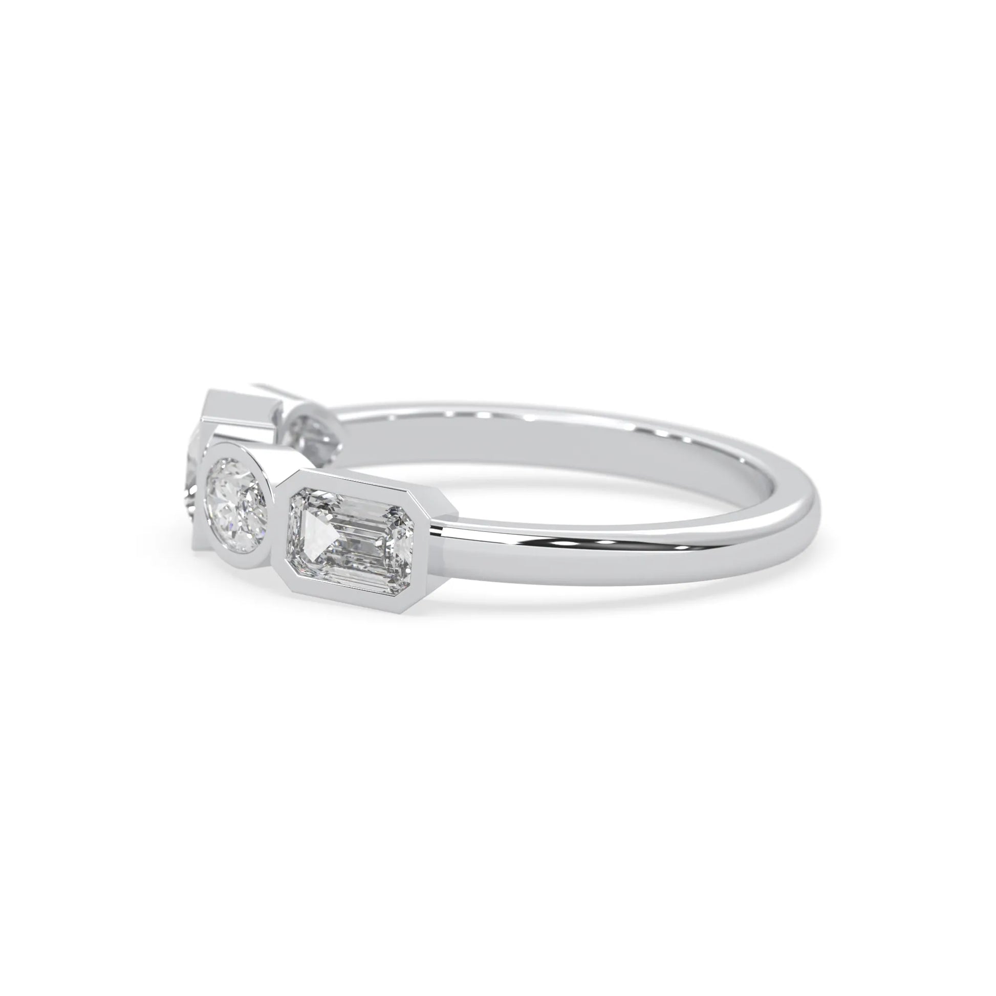 Multi shape lab grown diamond half eternity wedding band with emerald, pear, oval and princess cut diamonds in bezel settings in white gold