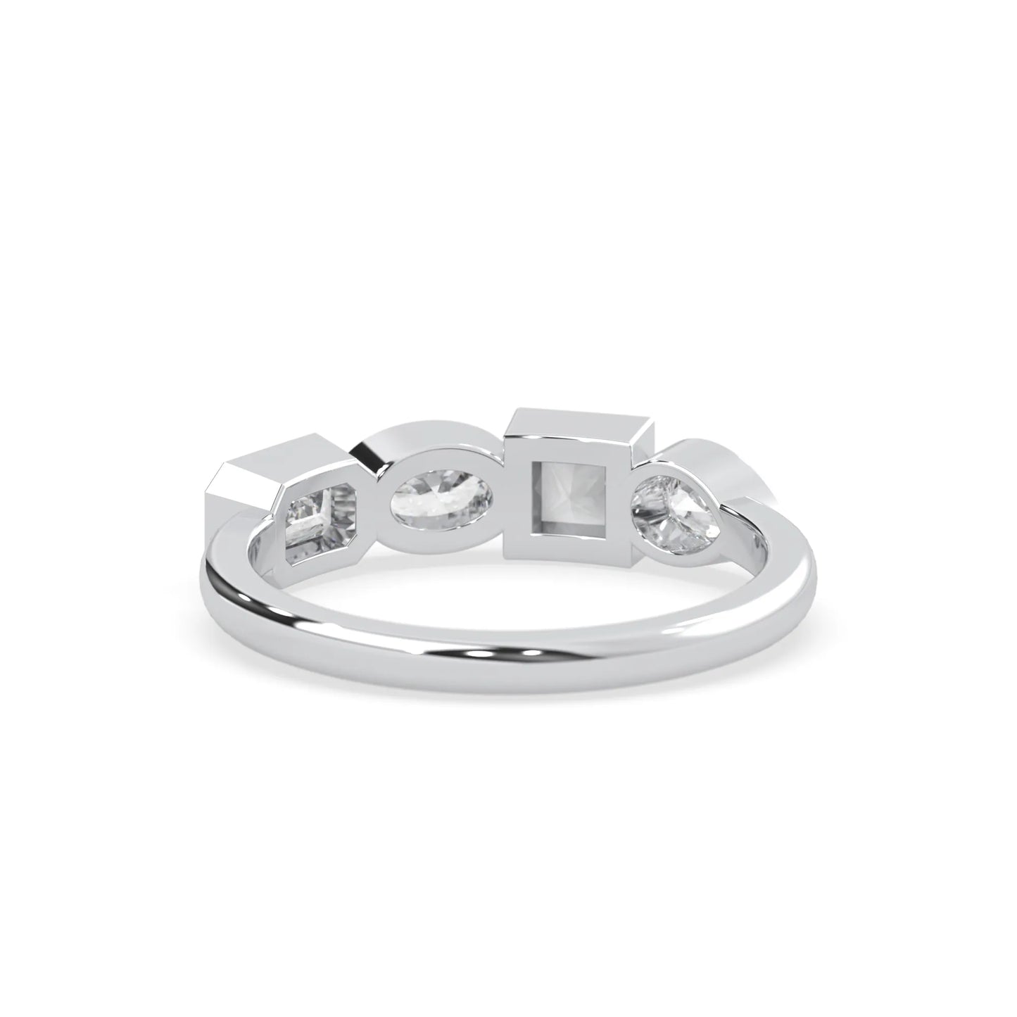 Multi shape lab grown diamond half eternity wedding band with emerald, pear, oval and princess cut diamonds in bezel settings in white gold
