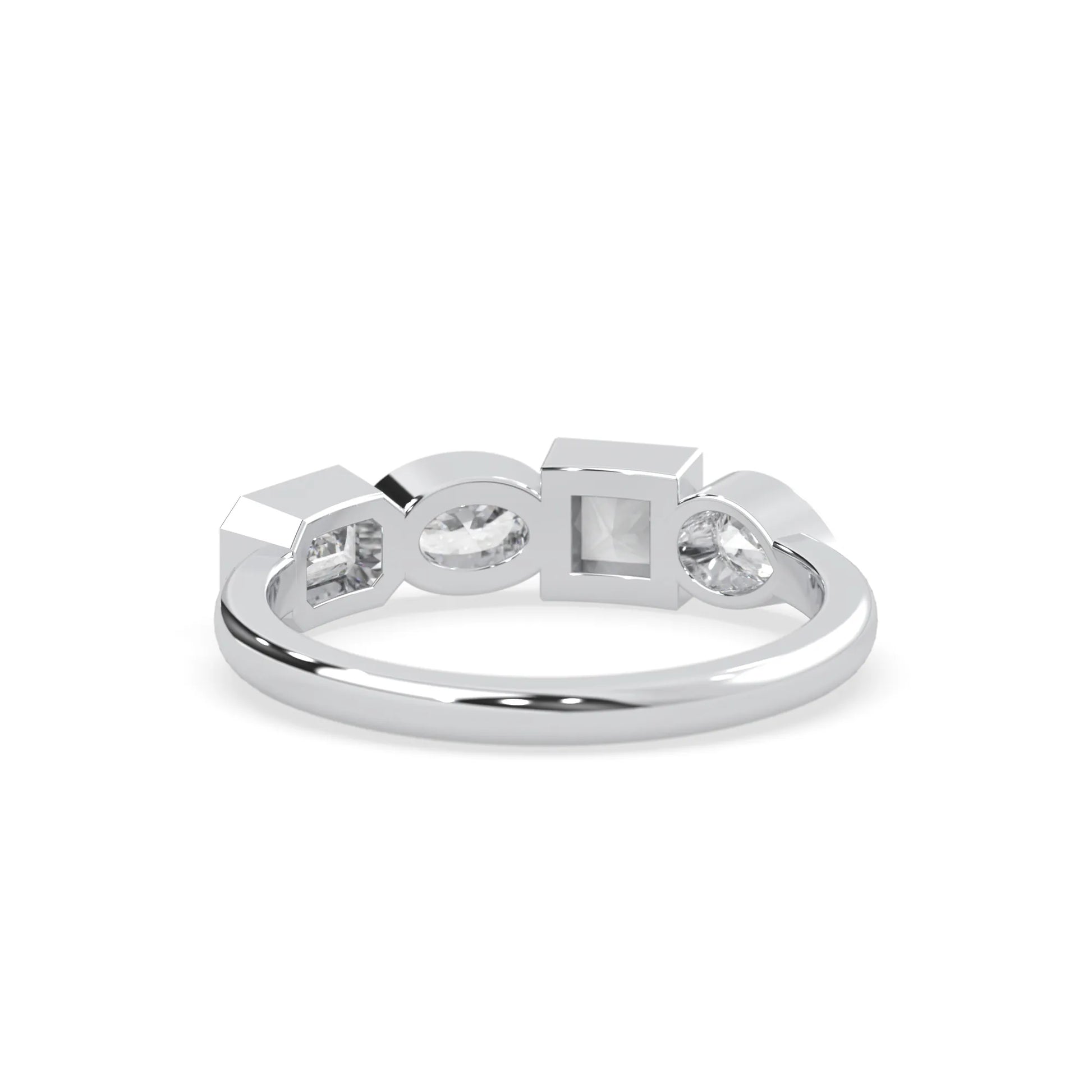 Multi shape lab grown diamond half eternity wedding band with emerald, pear, oval and princess cut diamonds in bezel settings in white gold